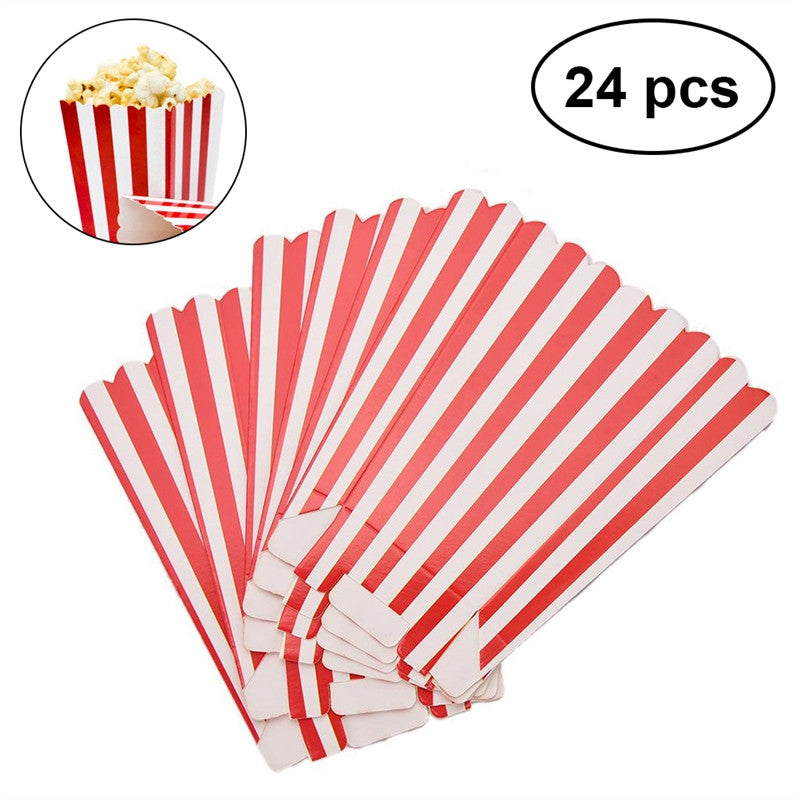 24pcs Popcorn Boxes Holder Containers Cartons Paper Bags Stripe Box for Movie Theater Dessert Tables Wedding Favors (Red)